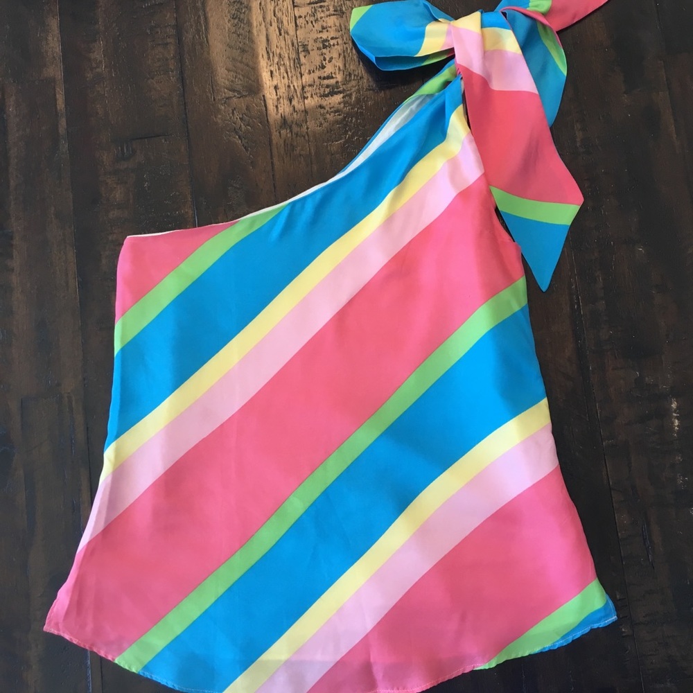 Lilly Pulitzer silk one shoulder striped top.